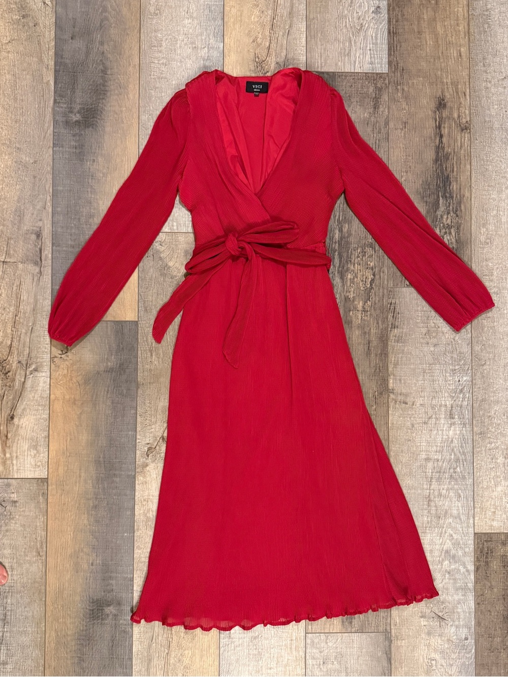 Vici Red Long Sleeve Midi Dress with Tie Waist